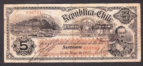 Billete Republica De Chile 5 Pesos 15 De Mayo 1917