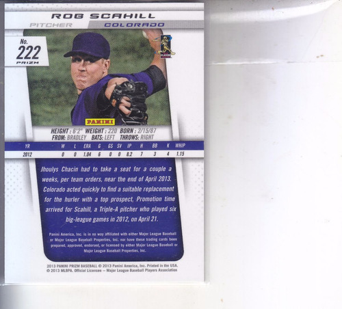 2013 Panini Prizm Red Rookie Rob Scahill P Rockies (Usado)