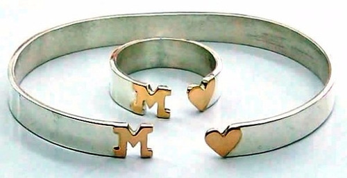 Conjunto Anillo Y Pulsera Plata Oro Letra Corazón Oro 18