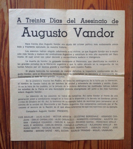 Vandor - Panfleto / Volante / 1969 / Sindicalismo Argentino
