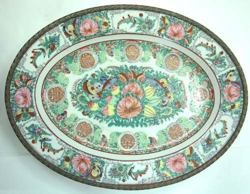 Antiguo Centro Mesa Oval Porcelana Y Bronce Chino 37 X 28 Cm