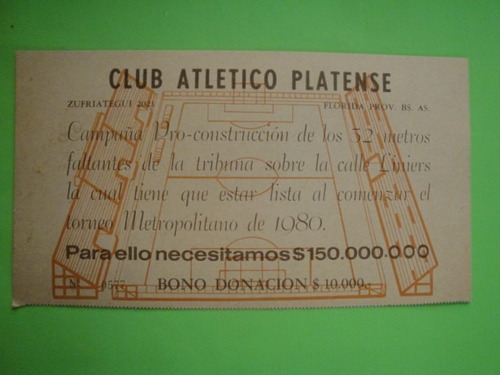 Club Atletico Platense Bono Donacion Estadio Año 1979