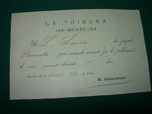 Antiguo Recibo Diario La Tribuna Buenos Aires Año 1883 Pesos