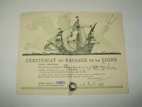 Certificado Cruce Linea Ecuador Año 1937 Barco Formose
