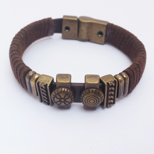 Pulseira Masculina Em Couro Com Metal Ouro Velho