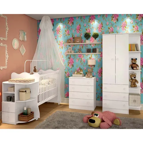 Jogo Quarto De Bebê, Cômoda Roupeiro E Berço Branco