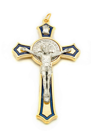 Imagem 1 de 4 de Crucifixo São Bento Dourado - Detalhe Resina Azul Italiano
