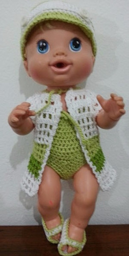 Roupinhas De Crochet Branca E Verde Para Boneca Baby Alive