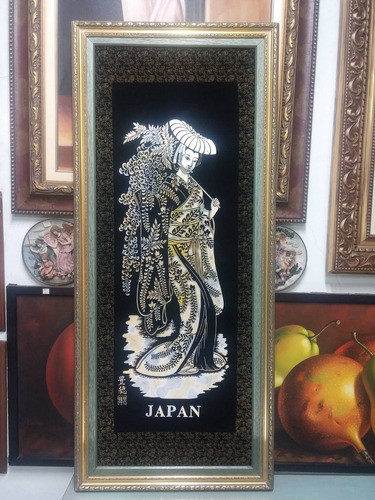 Cuadro Japones Antiguo Gamuza Y Laminilla Oro Original