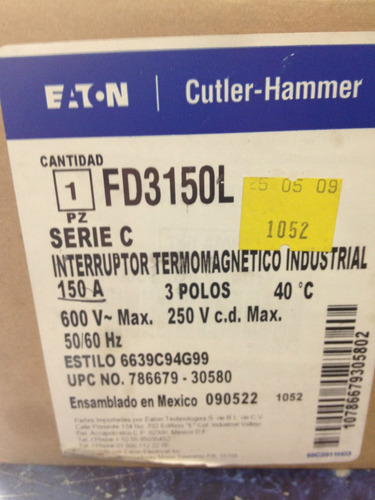 Interrupor Termomagnetico 3x150 Cuttler Hammer Fd3150l