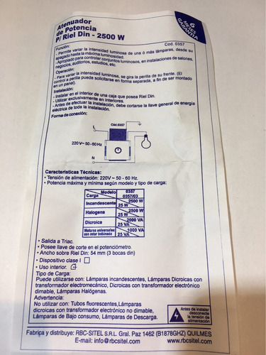Imagen 3 de 3 de Atenuador De Potencia Para Riel Din 2500w Rbc