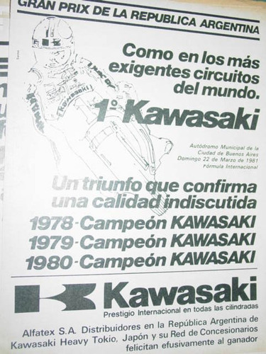 Publicidad Motocicletas Kawasaki Campeon Gp Argentina 1978