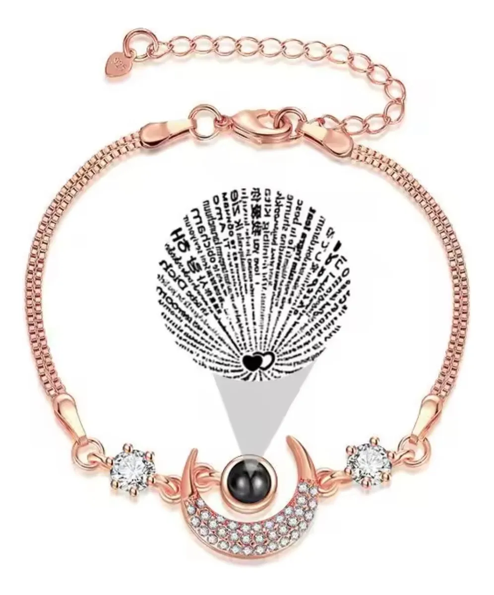 Pulsera Mujer Luna 100 Idiomas Te Amo Brazalete Dorado Rosa