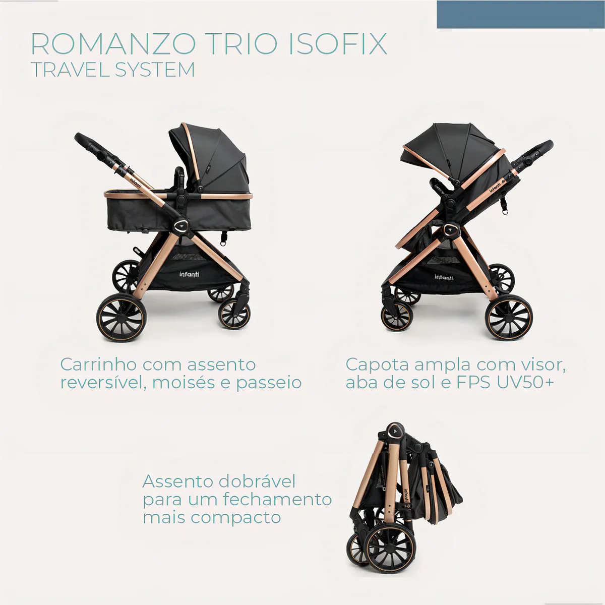 Carrinho de Bebe com Bebê Conforto e Base para Carro com Isofix Travel System Romanzo Trio Isofix Infanti Design Premium Cor Preto/bronze Chassi Bronze - Imagem 2