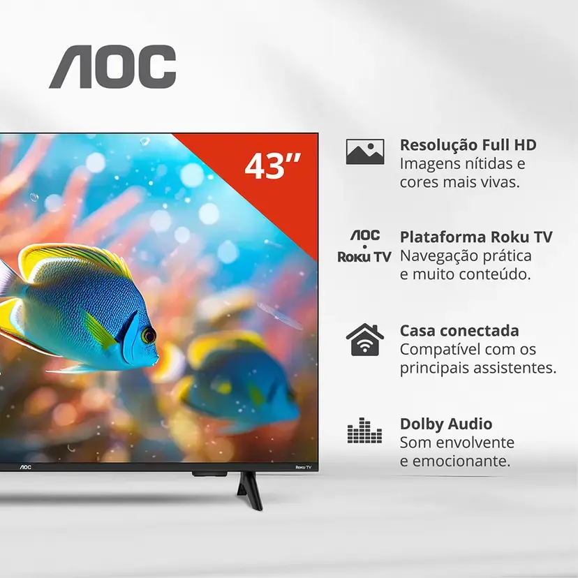 Smart TV AOC 43 polegadas com imagem de peixes e especificações técnicas