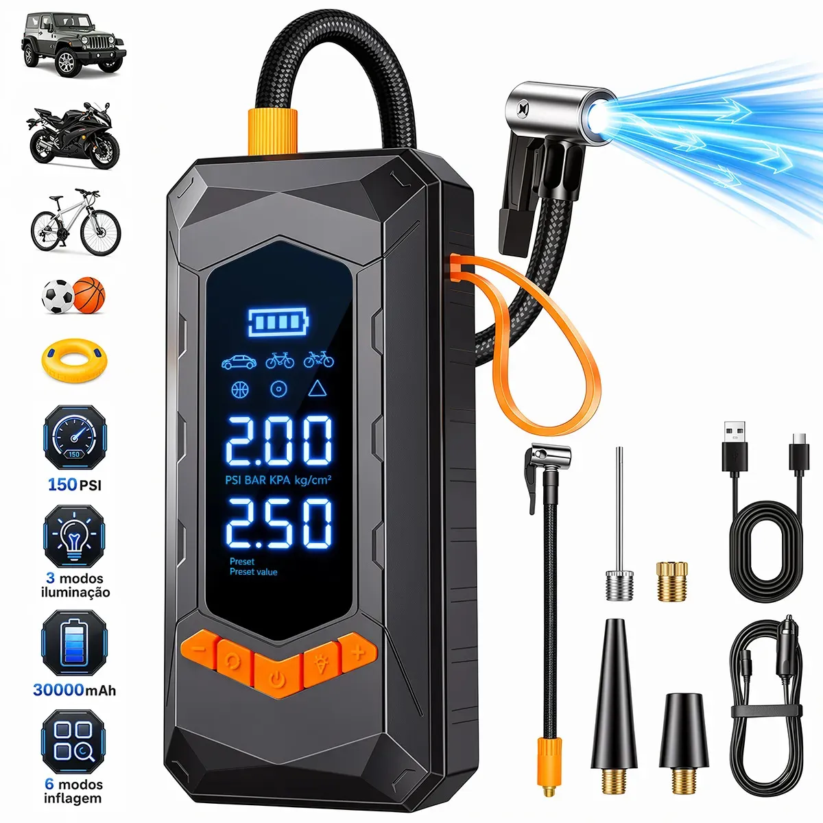 aweshine Compressor De Ar Portátil Digital 150PSI Com Calibrador De Pneus Portátil,6 Modos De Inflação Luz De Emergência 3 Modos Para Carro Moto Bicicleta