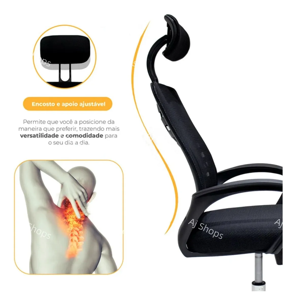 Cadeira De Escritório Ergonômica Mesh Com Suporte Lombar Ajustável Encosto Respirável Assento Confortável Altura Regulável Base Cromada Rodízios Resistentes Apoio De Cabeça Giratória Reclinável Preto - Imagem 2