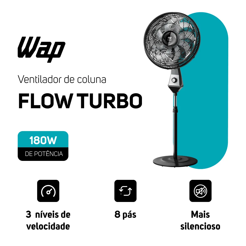 Ventilador de Coluna Silencioso WAP Flow Turbo 180W 8 Pás com Ajuste de Altura e 3 Velocidades - Imagem 3