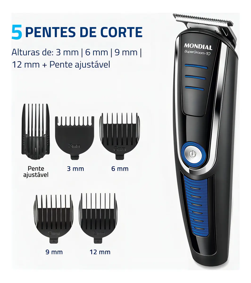 Gráfico mostrando os 5 pentes de corte de 3mm a 12mm e o pente ajustável ao lado do aparador