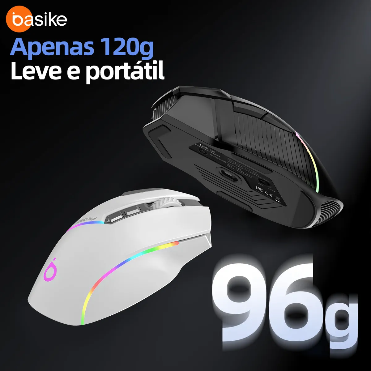 BASIKE mouse gamer sem fio RGB Mouse Recarregável Mouse, Mouse Tri-Modes BT5.1/Tipo C com fio/Sem fio 2.4G - Sensor 30G - 12.800 DPI - 96g Leve 9 ComandosAjustávels Up to 260h Battery Life for PC/Mac - Imagem 2