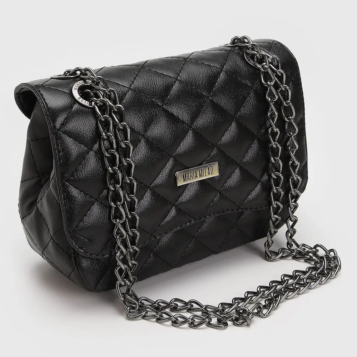 Bolsa Feminina Pequena Ombro Lateral De Lado Com Corrente Transversal Matelassê Bordada Festa Maria Milão Cor Preta