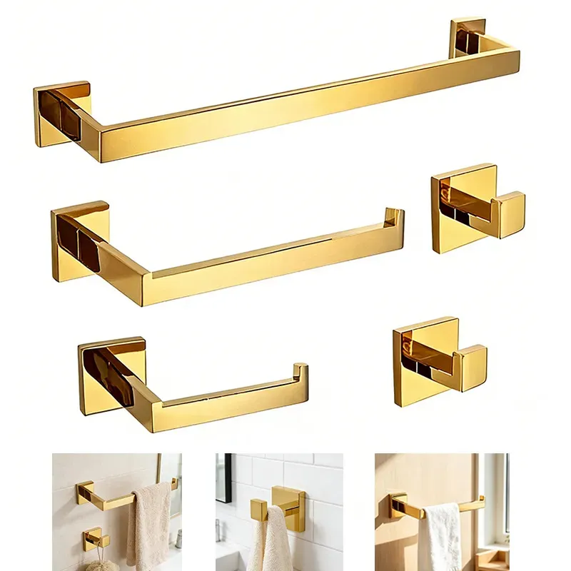 Kit De Acessórios Para Banheiro 5 Peças Hidralia Brilhante Dourad Moderno Cabide, Porta-toalhas,Suporte para rolo