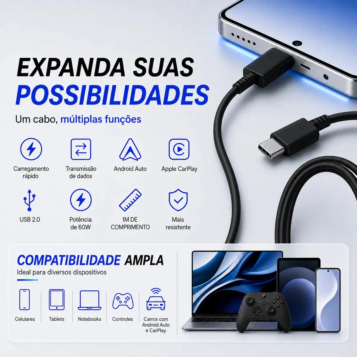 Cabo Carregador Turbo Usb C Duplo Para Samsung Galaxy A05 A06 A16 A17 S26 S25 S24 S23 S22 S21 Fe Para iPhone 15 16 17 Pro Max Cabo Blindado Reforçado Usb C Tipo C Carga Rápida E Transmissão De Dados - foto 5