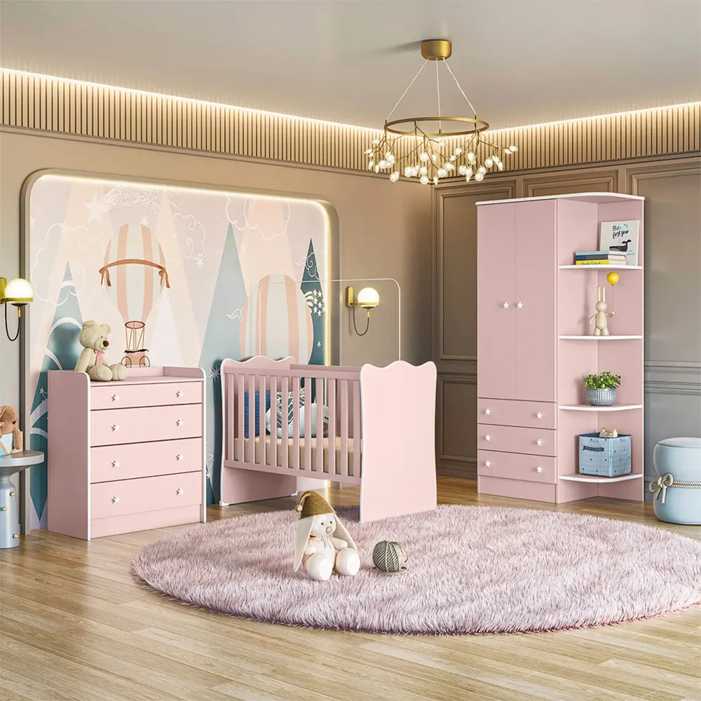 Quarto Infantil Doce Sonho Berço Cômoda E Guarda Roupa Qmovi