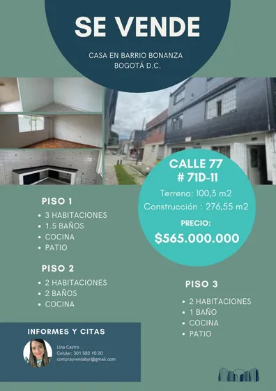¡gran Oportunidad!  Casa En Venta Muy Bien Ubicada En Bogotá, Barrio Bonanza / Engativá. 3 Pisos. 276,55 M2. 1 Apto X Piso. Dueño Directo. Whatsapp3175730263 / 3115414068. 