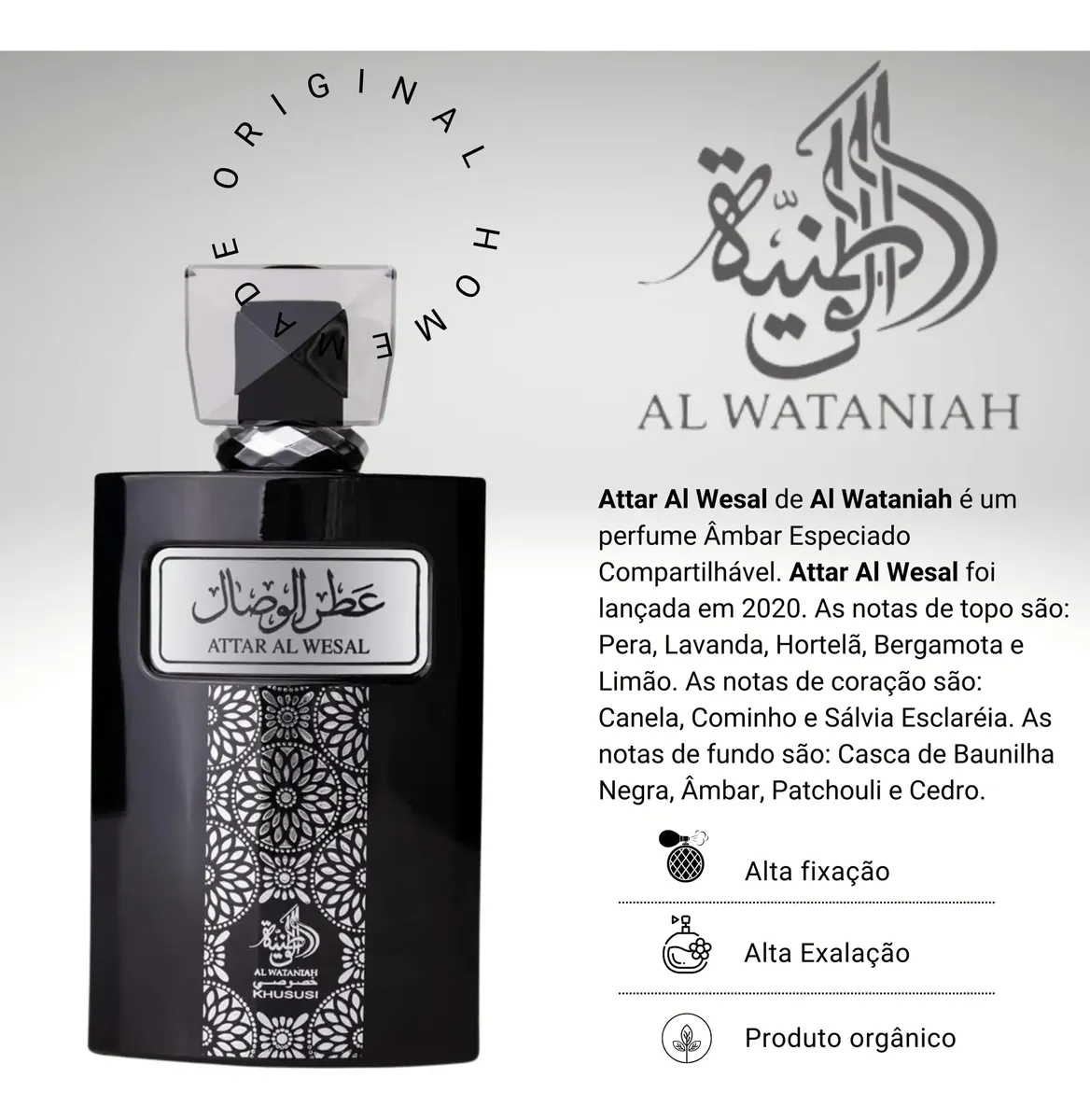 Infográfico do perfume Attar Al Wesal detalhando notas de topo, coração e fundo, além de destacar alta fixação e exalação