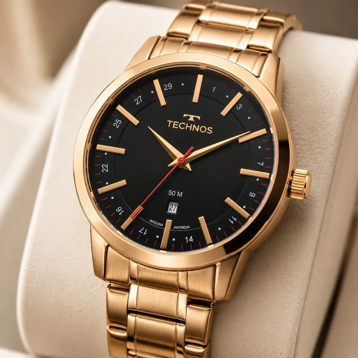 Relógio Technos Masculino Dourado de Aço Inox Analógico com Calendário