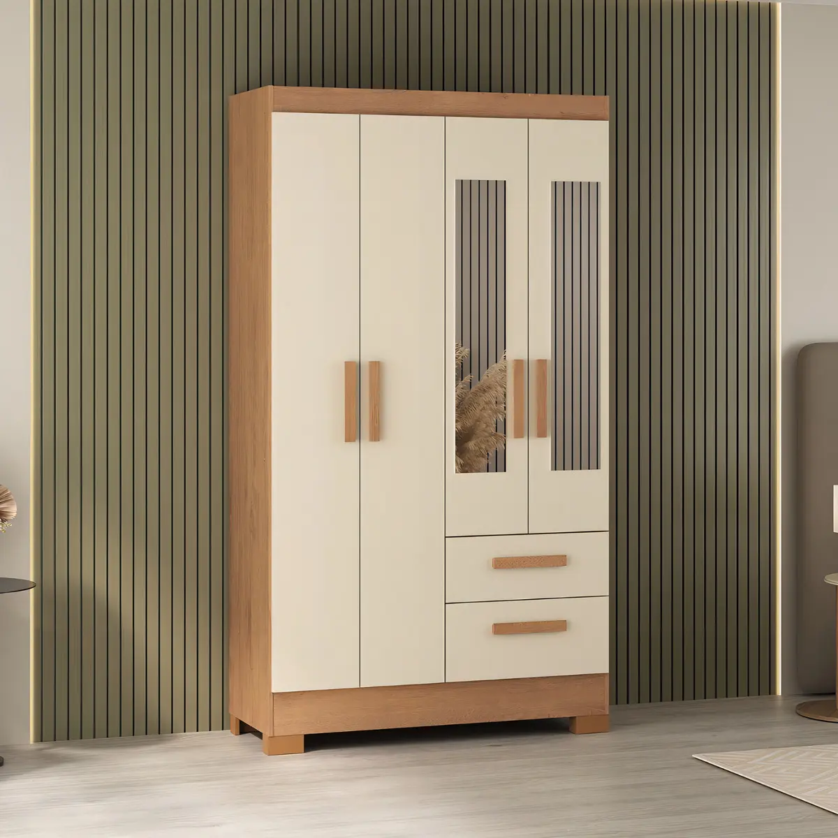 Guarda Roupa Solteiro Com Espelho 4 Portas Fortaleza Atualle Cor Canelato Rustico Com Off White