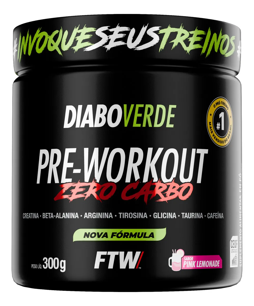 Pre Treino Pre Workout Zero Carbo com Creatina Pote 300g Sabor Pink Lemonade FTW - DIABO VERDE