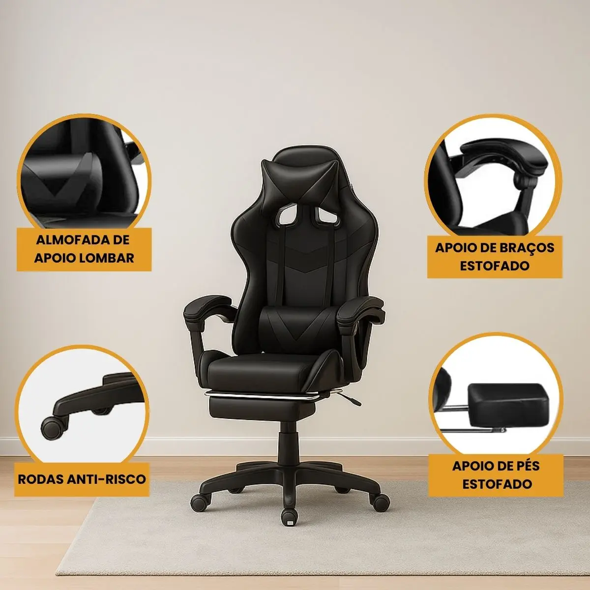 Cadeira de Escritório Gamer Nitro Ergonômica Estofado Couro Sintético Reclinável Altura Ajustável Apoio para Pés 2