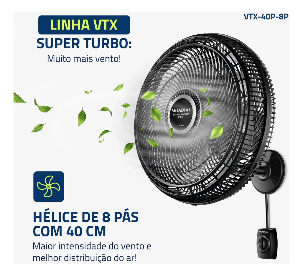 Ventilador de Parede 40cm Super Turbo 8 Pá, Mondial 140W - VTX-40P-8P - Imagem 2