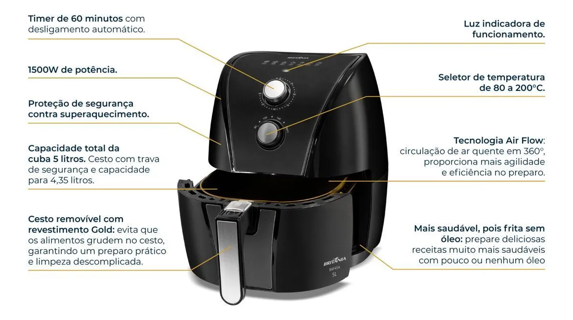 Air Fryer Britânia 5l Antiaderente Gold 1500w Baf45a Cor Preto - Imagem 3