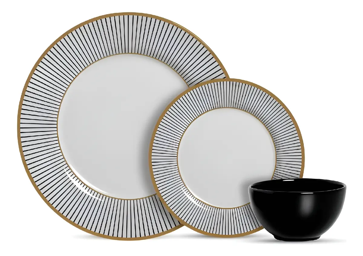 Aparelho De Jantar 12 Pçs Cerâmica Com Bowl Alleanza Ritz Cor Branco E Dourado Decorado