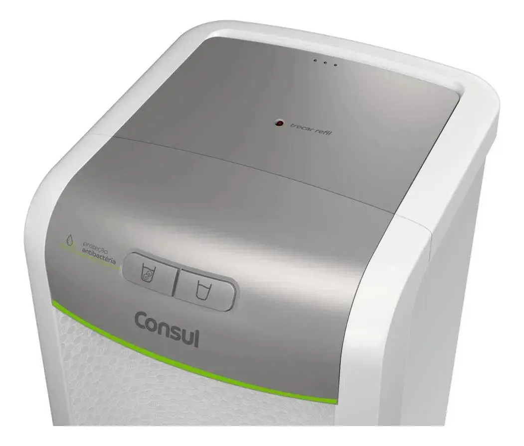 Vista superior angulada do purificador de água Consul com foco no painel de controle e luz indicadora