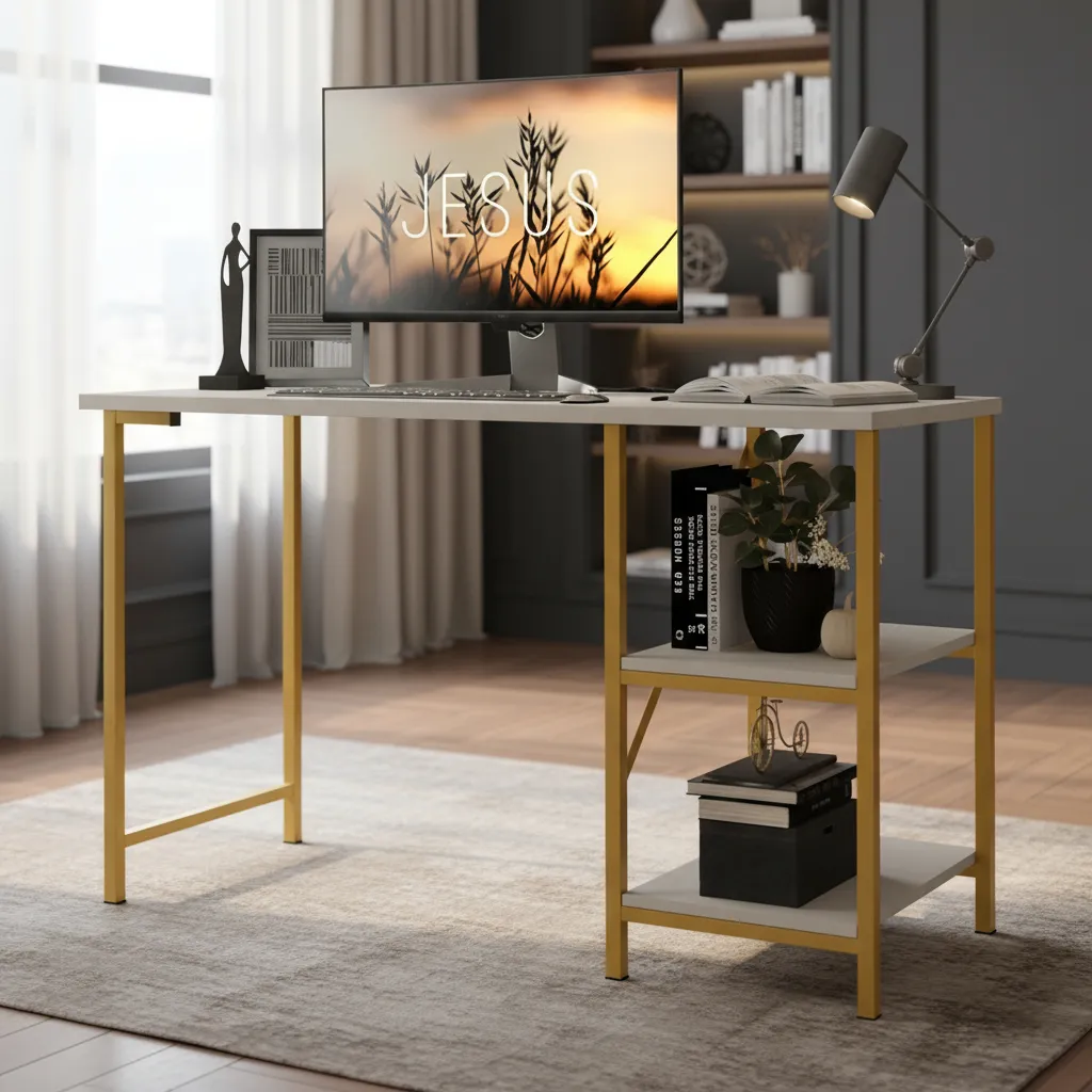 Mesa Escrivaninha Office Estudo Estilo Industrial Klm Store. Cor Dourado com Off White - Imagem 2