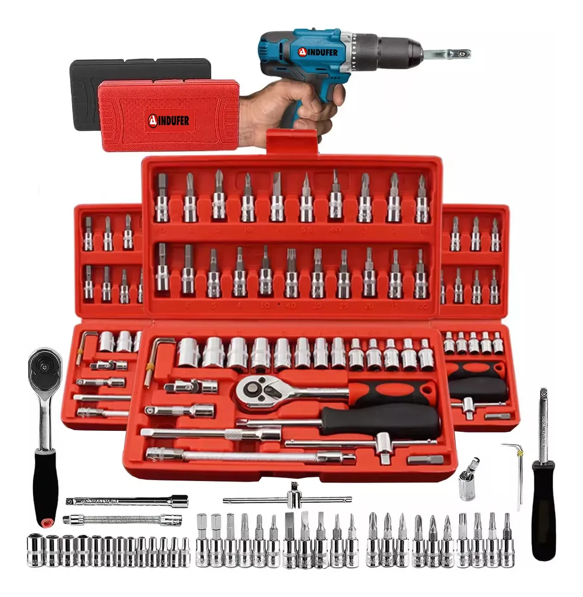 Kit Jogo De Chave Catraca Soquete 46 Peças Combo Jogo Ferramentas Profissional Chave Fenda Philips Soquete 1/4 Em Aço CRV Resistente Completo Para Manutenção Carro Moto Casa Marca Indufer