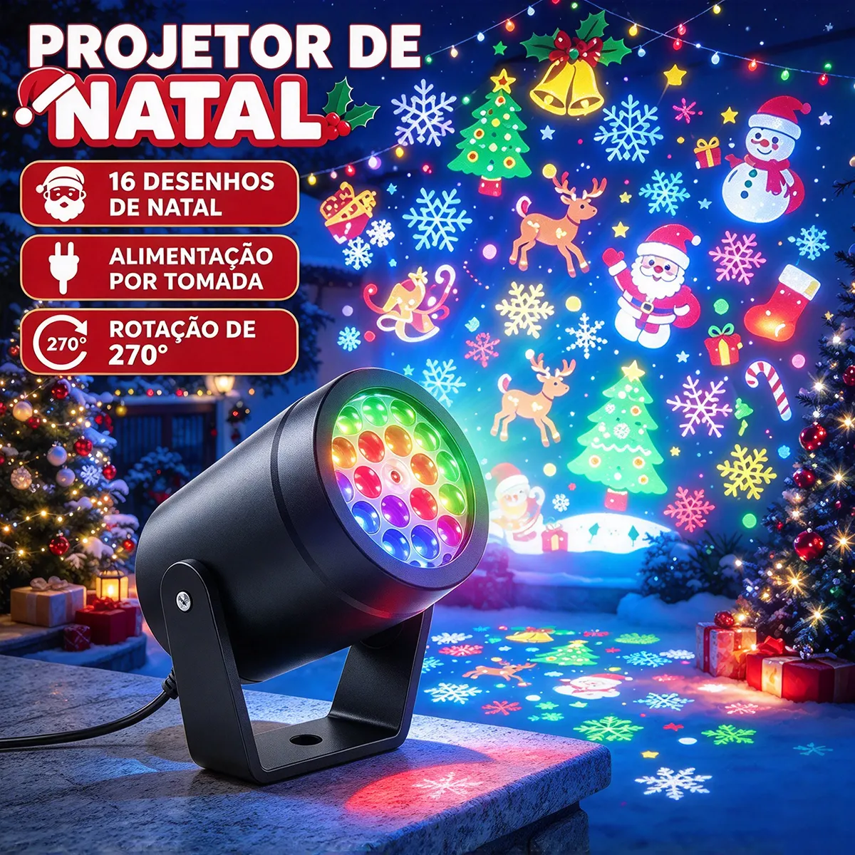 Projetor De Natal Led Com 16 Desenhos E Rotação 270°