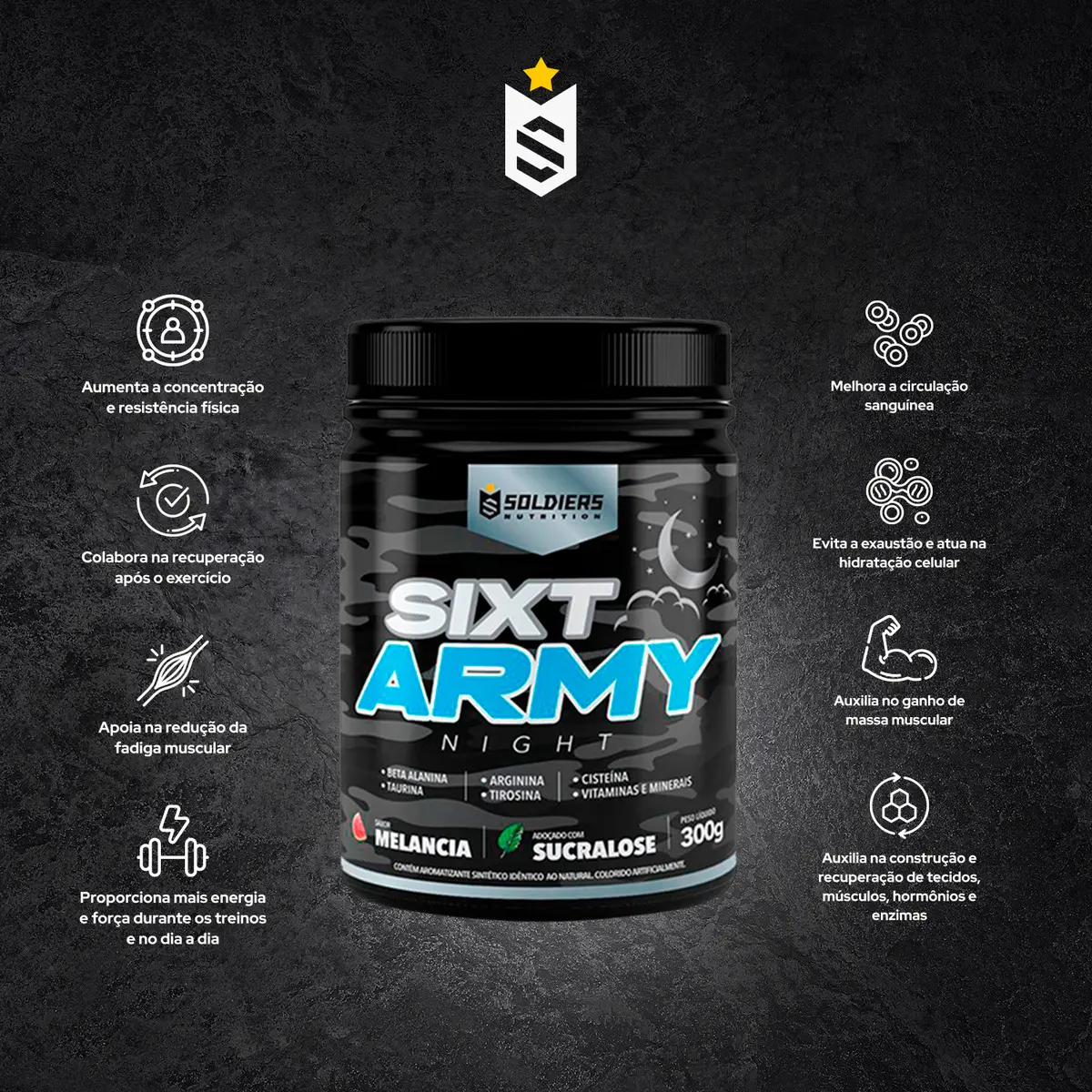 Pré-treino Sixt Army Night 300g Workout Termogênico Sabor Melancia Soldiers Nutrition Energia Foco Treino