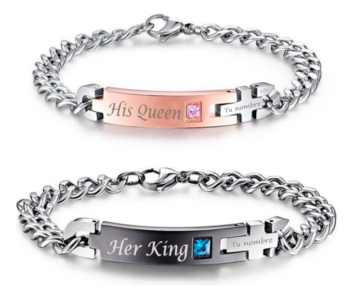 2 Pulseras Parejas Personalizada Acero Titanio De Por Vida
