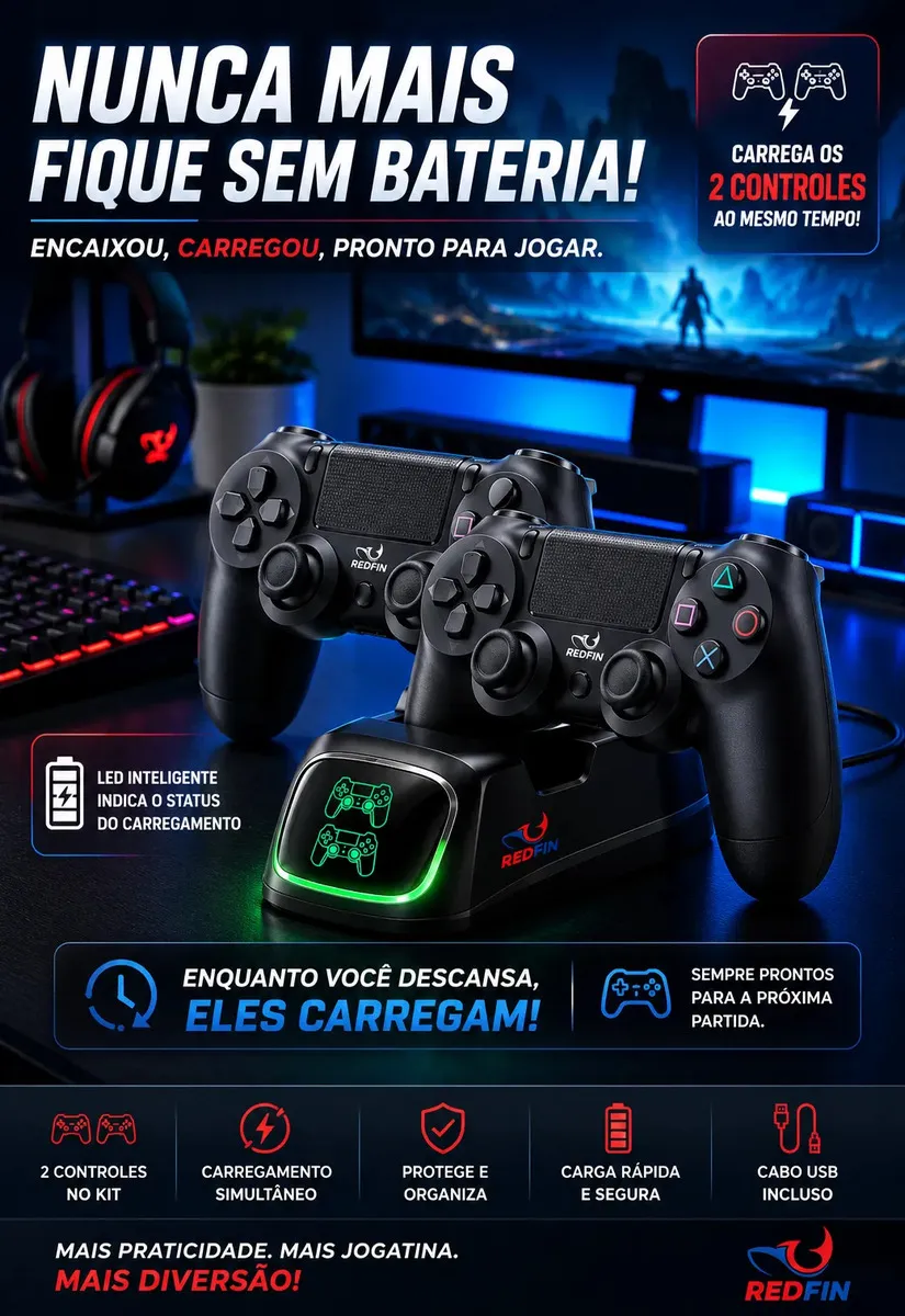 Kit 2 Controles Para Ps4 + Base Carregador Para 2 Controles Compatível Sem Fio – Tv Samsung Pc P4 Ps 4 Bluetooth Manete Gamer Tv Smart Celular Headset P2 Cor Preto Marca Redfin — imagem 7