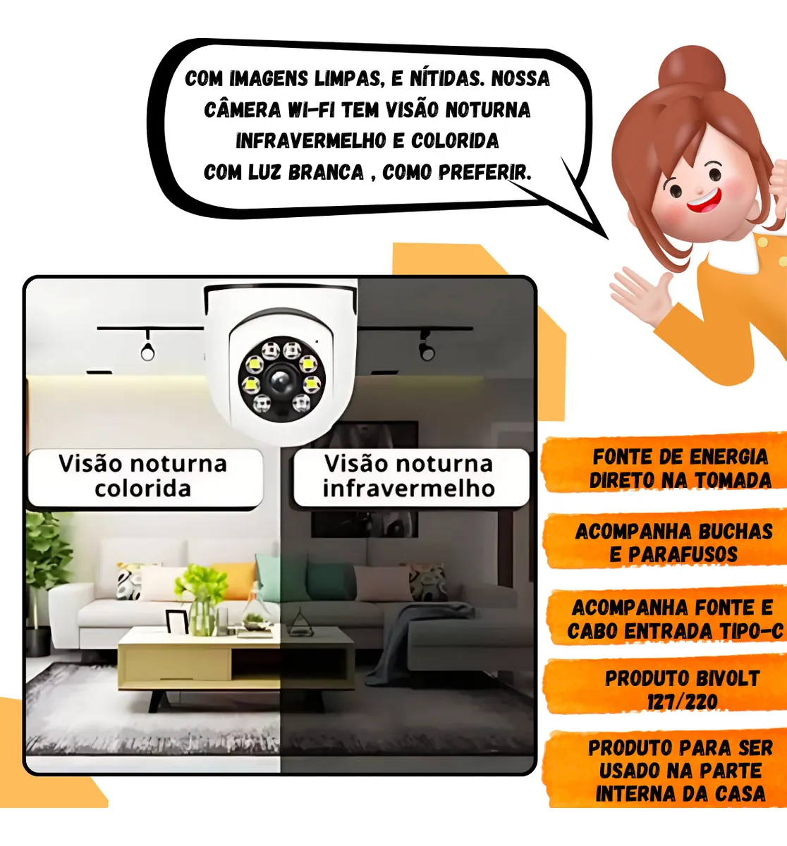 Babá Eletrônica Câmera Wifi 2.4g Visão Noturna 360c Nfe
