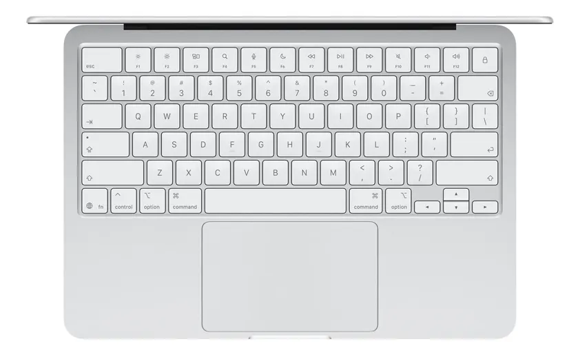 Vista superior do teclado e trackpad do Macbook Neo na cor prateada
