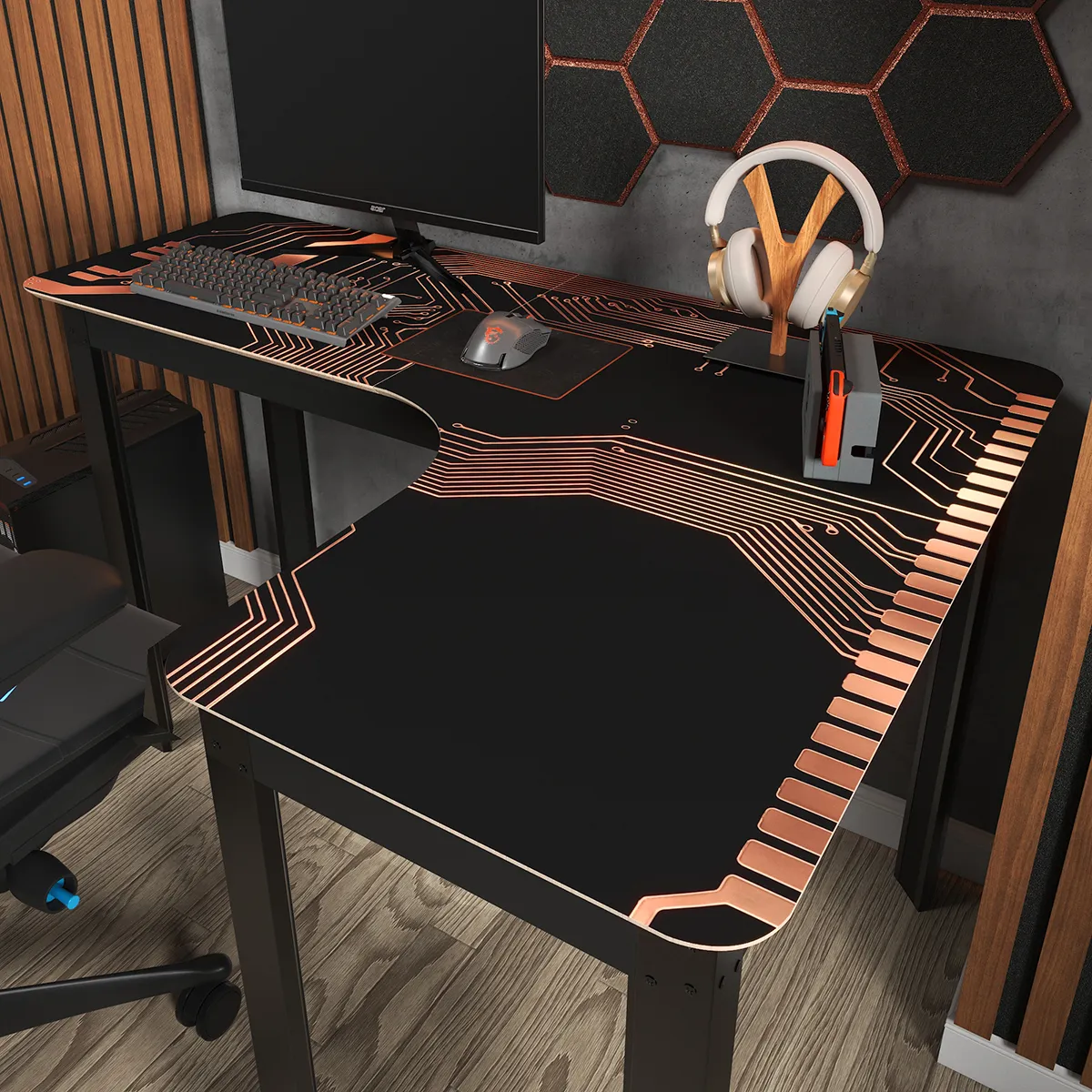 Mesa Em L Orgânica 120cm Com Bordas Arredondadas Design Gamer Com Tampo Circuit Futurista Para Home Office Geek Industrial Moderno Estação De Trabalho Angular Modelo: Legos Circuit - Imagem 2