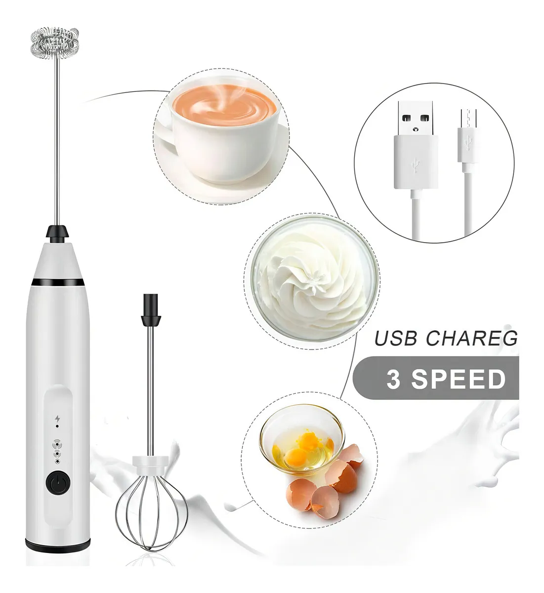 Batidor De Leche Espumadora Café Inalámbrico 2 En 1 Usb Rosa Color Blanco