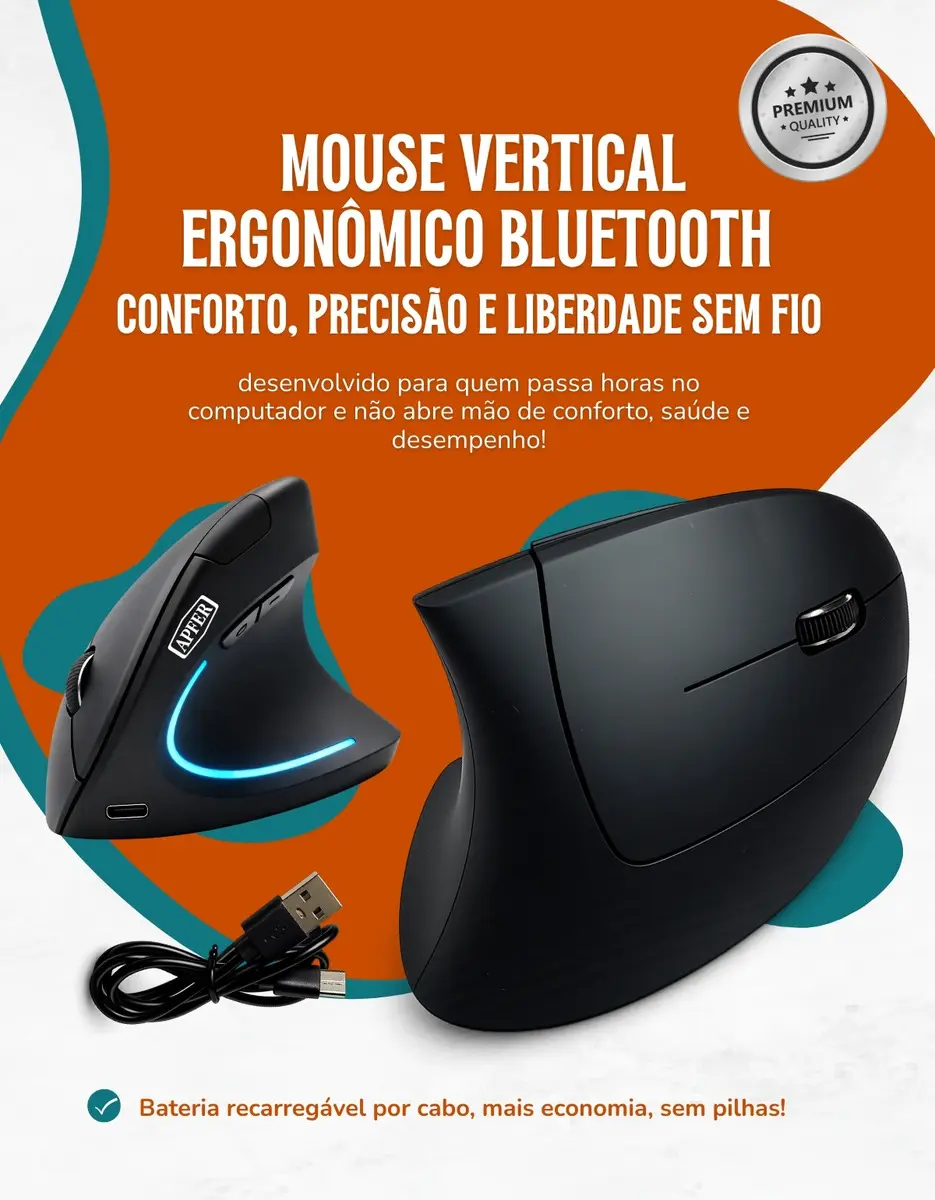 Mouse Vertical Ergonômico Sem Fio Recarregável Bluetooth e USB 2.4G – RGB, Silencioso, DPI Ajustável, Reduz Tensão no Pulso, Portátil e Confortável – Compatível com Notebook, PC, Windows e Mac - Apfer
