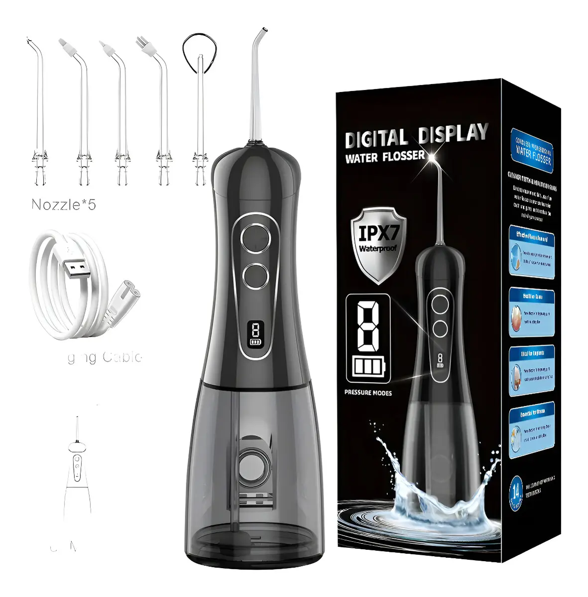 Irrigador Oral Portátil Ipx7 De 400ml Com Jato Forte Pulsado 8 Modos, 5 Bicos,Bivolt Para Limpeza Bucal E Prótese Dentária